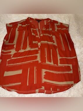 Banana Republic Womens Rust Brushstroke Print Split-Neck Blouse